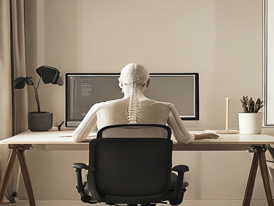 Illustration av korrekt ergonomisk arbetsposition vid skrivbordet med rätt höjd på alla komponenter